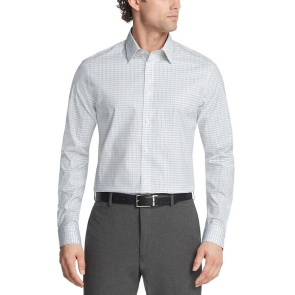 NWOT Calvin Klein Mens XL Tech Active Stretch Button-Up Shirt White & Blue Plaid - Picture 1 of 7